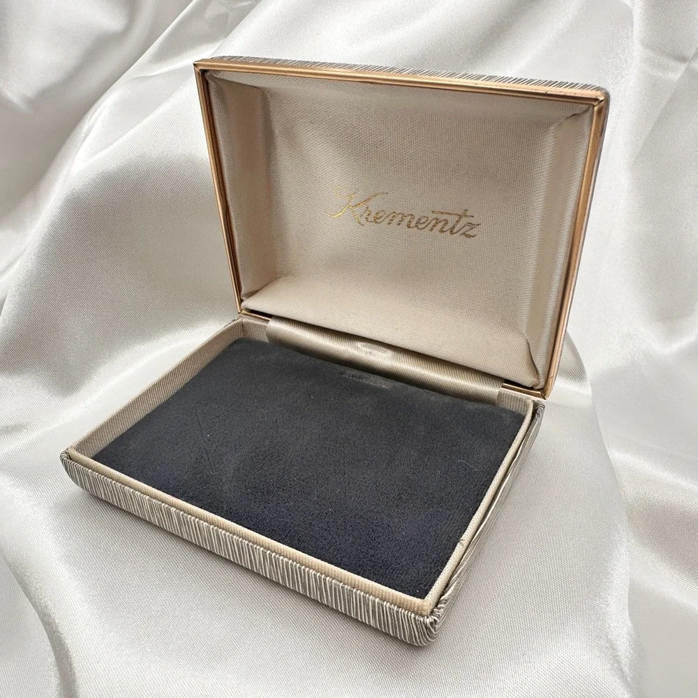Vintage 80s Krementz Grey‎ Textured Silk Presentation Box Gold Tone Trim Jewelry